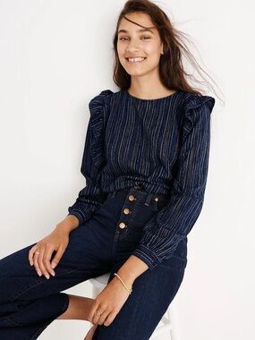 Madewell Navy Pinstripe Ruffle-Sleeve Blouse